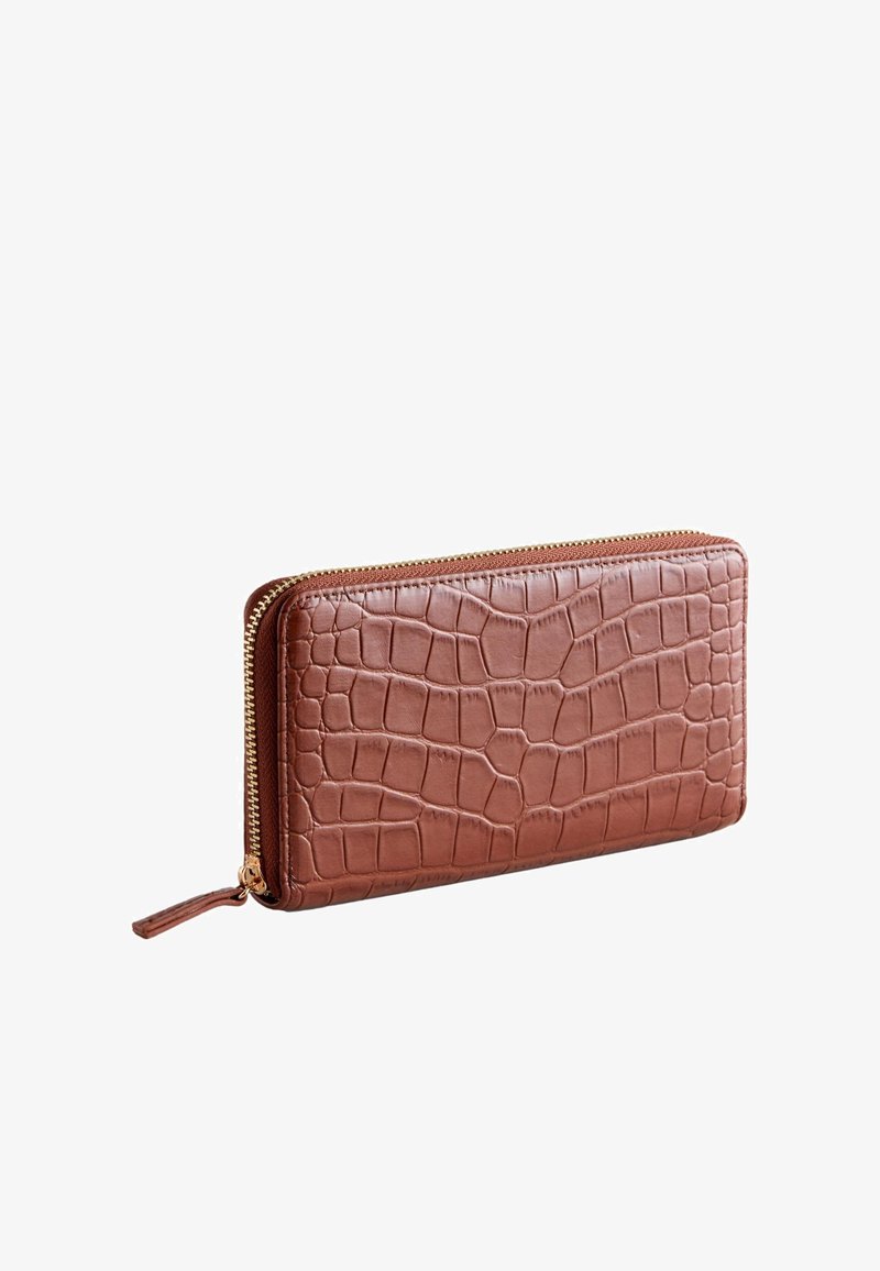 Brown faux crocodile leather wallet with a zip closure and textured surface. Slim rectangular shape with gold-tone hardware accents.