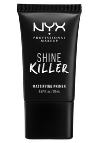 Tube noir contenant le NYX Shine Killer Primer matifiant, avec un texte blanc audacieux, un design épuré et une capacité de 0,67 fl. oz. (20 mL).