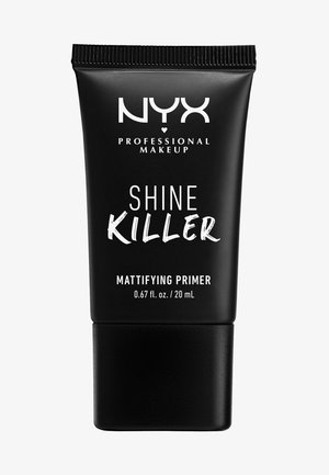 Zwarte buiscontainer van NYX Shine Killer Mattifying Primer, met gedurfde witte tekst, slank ontwerp en een inhoud van 0,67 fl. oz. (20 ml).