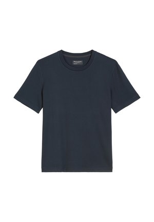 Navy blauwe katoenen t-shirt met een klassieke ronde hals, korte mouwen en een rechte onderzoom. Heeft een eenvoudig, effen kleurontwerp.