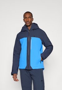 Kék és tengerészkék kapucnis dzseki cipzáros el�őlappal, texturált anyagból, két oldalsó zsebbel, kontraszt színű blokkával a mellkasán.