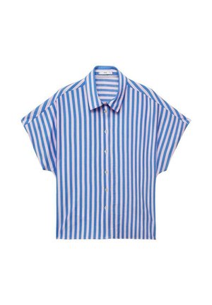 Short-sleeve button-up shirt with blue and pink vertical stripes. Made from lightweight fabric, features a spread collar and relaxed fit.