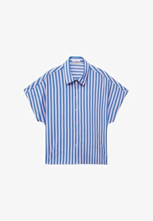 Srajca s kratkimi rokavi in gumbi, modro-roza navpične črte. Narejena iz lahkega materiala, z razširjenim ovratnikom in sproščenim krojem.