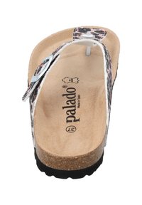 Palado flip-flop sandaler med en pink og sort dyreprintrem, struktureret sål, korksål og hvide detaljer. Størrelse 37.