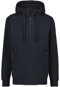 Giacca con cappuccio blu navy realizzata in tessuto leggero, dotata di chiusura frontale con zip, due tasche laterali con zip e polsini a costine.