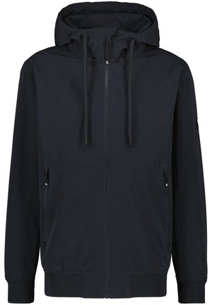 Marineblaues Kapuzenshirt aus leichtem Stoff, mit einem Reißverschluss vorne, zwei seitlichen Reißverschlusstaschen und gerippten Bündchen.