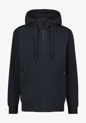 Marineblaues Kapuzenshirt aus leichtem Stoff, mit einem Reißverschluss vorne, zwei seitlichen Reißverschlusstaschen und gerippten Bündchen.