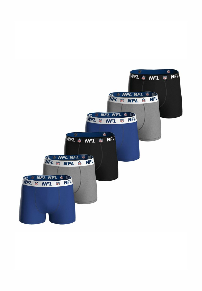 Seis pares de boxers de marca NFL en azul, gris y negro, dispuestos en diagonal con cinturillas elásticas visibles.