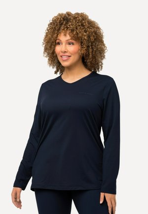 Marineblaue Langarm-Sportshirt mit V-Ausschnitt, aus glattem, elastischem Stoff hergestellt. Verfügt über ein dezentes Logodetail auf der Brust und einen lockeren Schnitt.