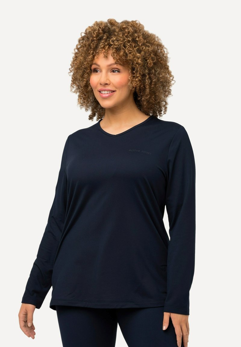 Marineblaue Langarm-Sportshirt mit V-Ausschnitt, aus glattem, elastischem Stoff hergestellt. Verfügt über ein dezentes Logodetail auf der Brust und einen lockeren Schnitt.