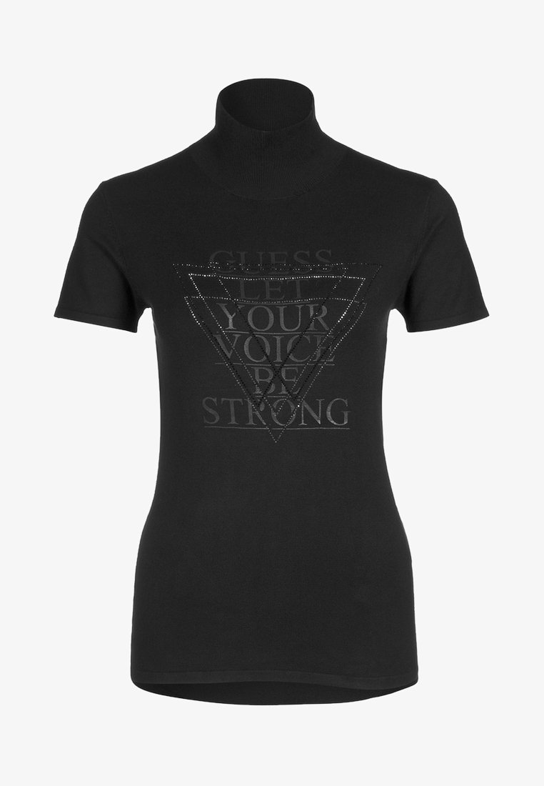 Černé tričko s krátkým rukávem a límcem, těsně přiléhajícího střihu. Obsahuje výrazný text v trojúhelníkovém vzoru a decentní akcenty z broušených kamínků.