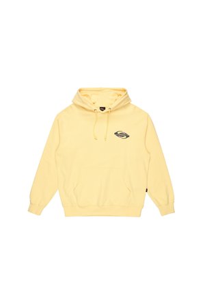 Yellow hoodie made of soft fabric, featuring a front pocket, drawstring hood, and a small logo on the chest. Relaxed fit and long sleeves.