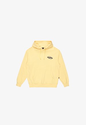 Hoodie jaune en tissu doux, doté d'une poche avant, d'une capuche avec cordon de serrage, et d'un petit logo sur la poitrine. Coupe décontractée et manches longues.