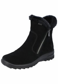 Bottines en suède noir avec bord en fourrure, fermeture éclair sur le côté, semelle en caoutchouc et bout arrondi. Conception légère adaptée à un usage décontracté.