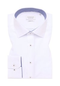 Weißes Baumwollhemd mit kontrastierendem blauen Kragen und Knopfdetails. Mit langen Ärmeln und einer Brusttasche.