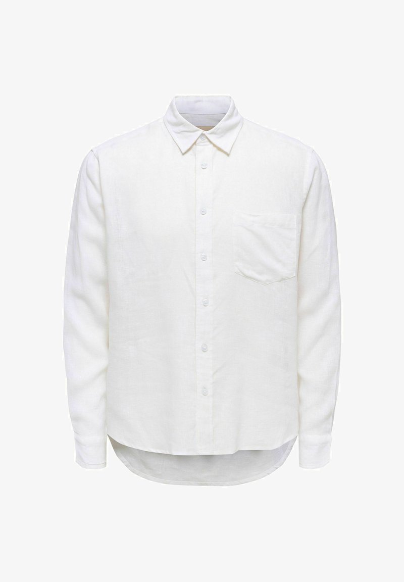 Chemise blanche à manches longues avec col pointu et poche poitrine, présentée sur un fond blanc uni.
