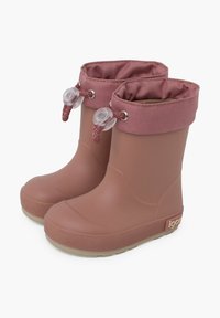 Bottes de pluie en caoutchouc rose avec une semelle robuste, un revers en tissu et un système de fermeture à cordon. Accents texturés remarquables sur la semelle pour une meilleure adhérence.