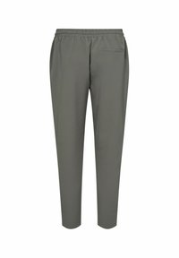 Pantaloni grigi con vita elastica, taglio affusolato, tasche laterali e tasca posteriore, realizzati in un tessuto liscio e leggero.