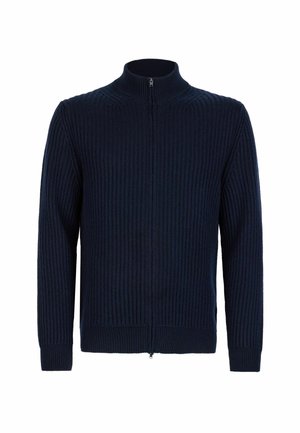 Marinblå ribbad zip-up tröja med hög krage, långa ärmar och strukturerat tyg, med hel dragkedja och åtsittande mudd.