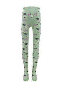 Grüne gerippte Strumpfhosen mit einem floralen Muster aus lila, rosa und weißen Blumen sowie grünen Akzenten. Weicher Stoff mit einem bequemen Bund.