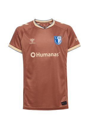Brun 1. FC Magdeburg fodboldtrøje med beige trim, Humana sponsorlogo og hummel brandlogo på brystet mod en hvid baggrund.
