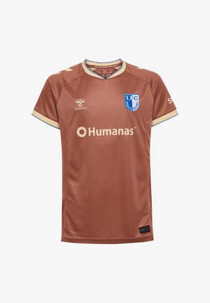 Braunes 1. FC Magdeburg Fußballtrikot mit beigem Besatz, Humana Sponsorenlogo und hummel Markenlogo auf der Brust vor weißem Hintergrund.