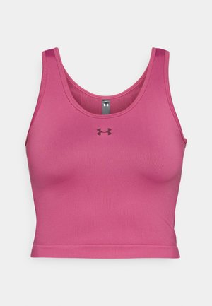 Pink athletic crop top made of stretchy fabric, featuring a round neckline and a small logo on the front, smooth texture, snug fit.
