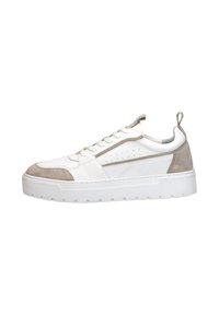 White and light gray sneaker featuring a smooth leather upper, suede accents, perforations on the side, and a thick rubber sole.