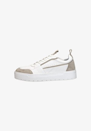 White and light gray sneaker featuring a smooth leather upper, suede accents, perforations on the side, and a thick rubber sole.