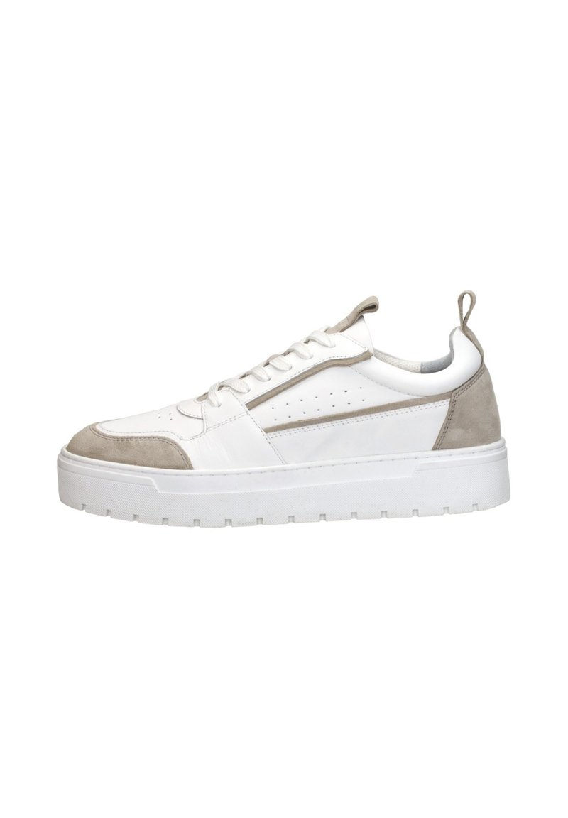 White and light gray sneaker featuring a smooth leather upper, suede accents, perforations on the side, and a thick rubber sole.