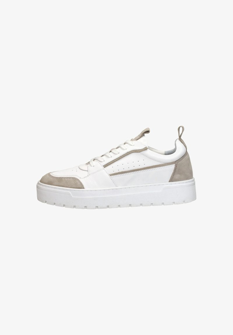 White and light gray sneaker featuring a smooth leather upper, suede accents, perforations on the side, and a thick rubber sole.