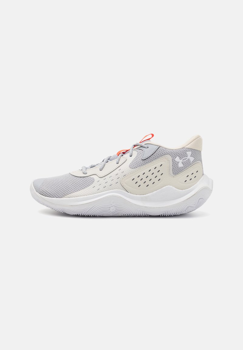 Light gray athletic shoe with mesh upper, white midsole, and textured outsole. Features red lace accents and perforated side panels.