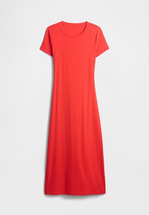 Robe rouge à manches courtes et longueur genou, en tissu lisse avec un col rond et une coupe décontractée. Design simple et uni.