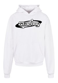 Hoodie blanc avec une poche avant et des poignets côtelés. Le logo "Starboy" en gras noir est centré, entouré de petites étoiles noires.