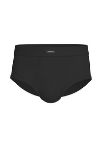 Black briefs made of soft fabric with a wide, smooth waistband. Features a label at the front. Standard brief design with seamless edges.