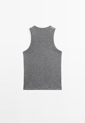 Grijze mouwloze tanktop gemaakt van gestructureerde stof, met een ronde halslijn en rechte zoom, met een eenvoudig en minimalistisch ontwerp.