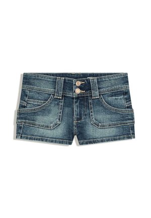 Donkerblauwe denim shorts met dubbele knoopsluiting, voor- en zijzakken, en zichtbare stikseldetails.
