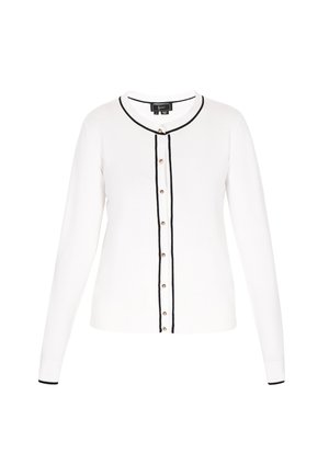Bijela kardigan s dugim rukavima, okruglim izrezom, crnim obrubom i pet dugmadi sprijeda. Glatka tekstura i prilagođeni dizajn.