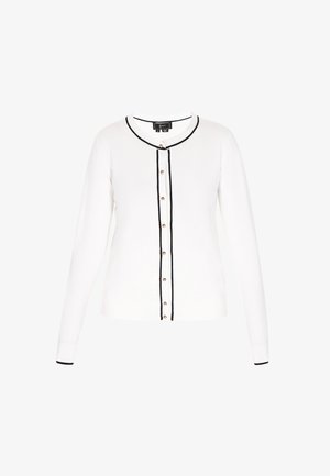 Biely kardigán s dlhými rukávmi, okrúhlym výstrihom, čiernym lemovaním a piatimi gombíkmi na prednej strane. Hladká textúra a priliehavý strih.