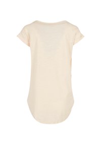 Light beige short-sleeve t-shirt with a rounded neckline and a slightly elongated back hem, featuring a soft, textured fabric.