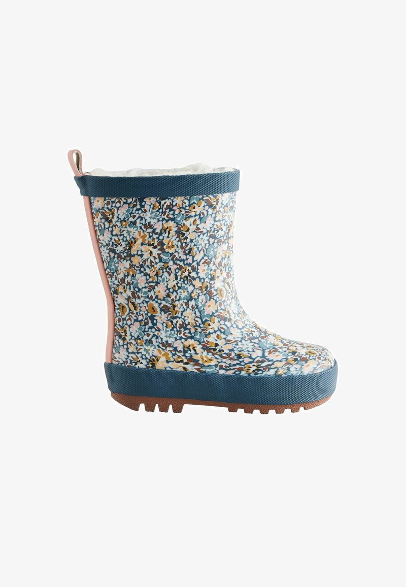 Lilleline kummist vihmakeep sinise mustriga, roosa külgelementidega, tekstuurse tallaga ja valge karvase voodriga üleval. Ideaalne märgades tingimustes.