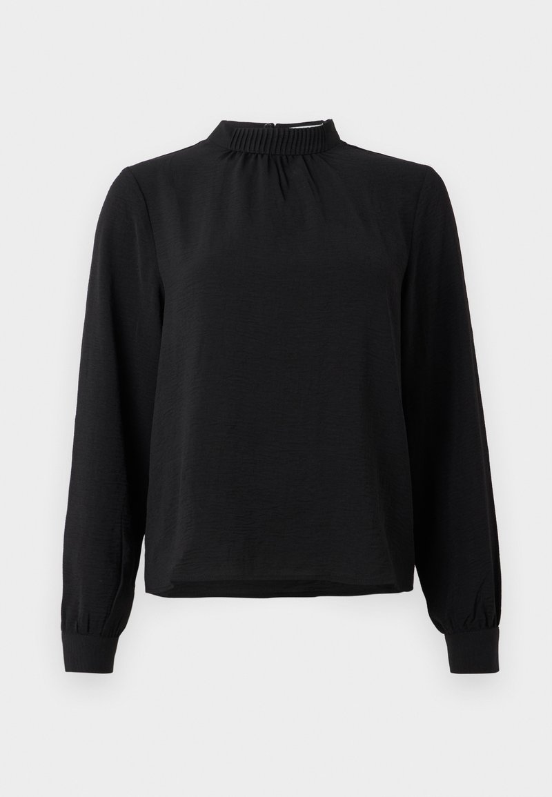 Blouse noire à manches longues avec un col montant, tissu texturé, détails froncés au niveau du col et poignets ajustés. Design simple et épuré.