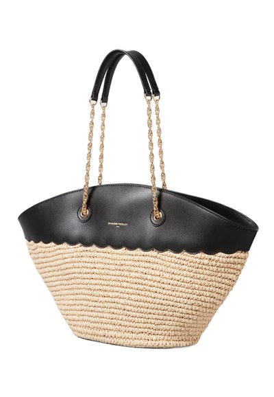 Borsa a tracolla in pelle nera e paglia intrecciata con bordo scallop, manici in catena dorata e dettagli del logo sul davanti. Dimensioni generose per trasportare oggetti.