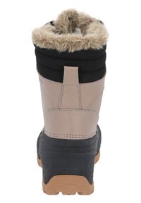 Women's winter boot featuring a black fabric upper, beige leather heel, and faux fur trim. Rubber outsole with textured grooves.