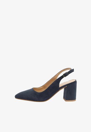 Marineblauer Veloursleder-Pumps mit Slingback, spitz zulaufender Zehenpartie, verstellbarem Schnallenriemen und klobigem, mittelhohem Blockabsatz.