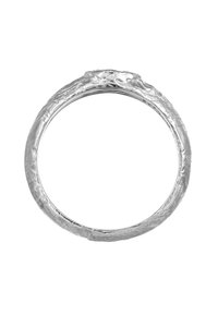 Anillo de plata con un acabado texturizado y martillado. Forma circular con un interior suave y un diseño de superficie irregular a lo largo de los bordes.