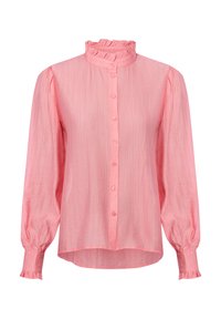 Roze blouse met een ruches hoge hals, lange pofmouwen en knoopsluiting. Gestructureerde stof met subtiele verticale strepen en gerimpelde manchetten.