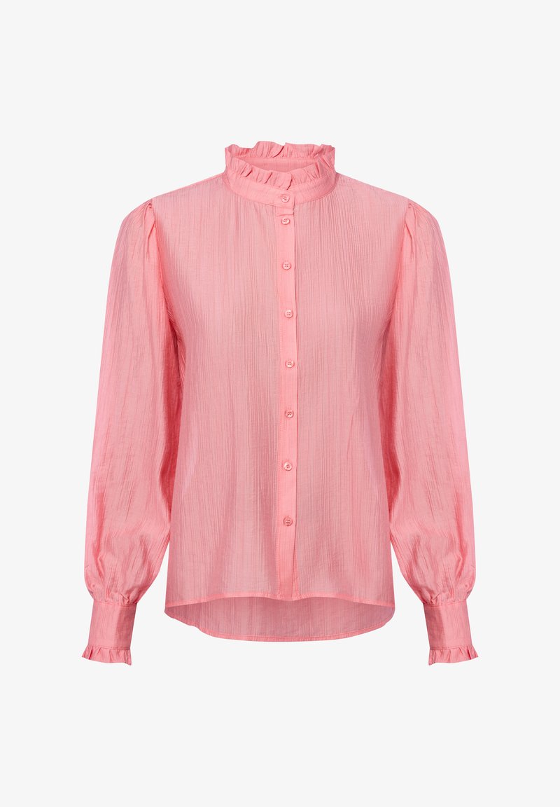 Roze blouse met een ruches hoge hals, lange pofmouwen en knoopsluiting. Gestructureerde stof met subtiele verticale strepen en gerimpelde manchetten.