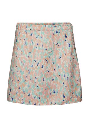 Jupe à imprimé floral dans des couleurs pastel, présentant des formes abstraites en rose, bleu et vert. Fabriquée en tissu léger avec une coupe droite.