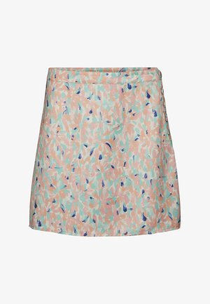 Jupe à imprimé floral dans des couleurs pastel, présentant des formes abstraites en rose, bleu et vert. Fabriquée en tissu léger avec une coupe droite.